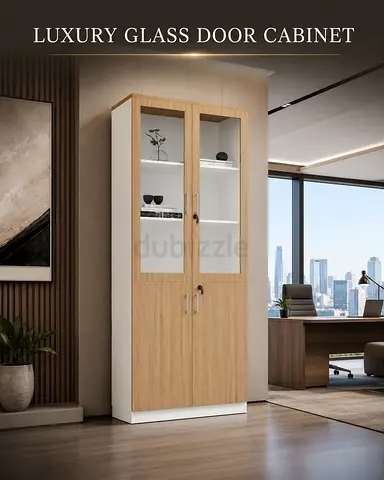 Luxury Glass Door Cabinet – Oak  White Office Bookshelf with Storage