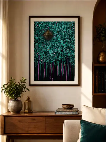 Framed Abstract Teal Purple Drip Artwork — Ready to Hang
