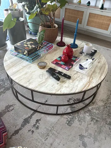 Round Marble-Top Coffee Table with Metal Frame - Good Condition