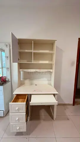 White Wooden Study Desk with Shelves and Drawers - Good Condition