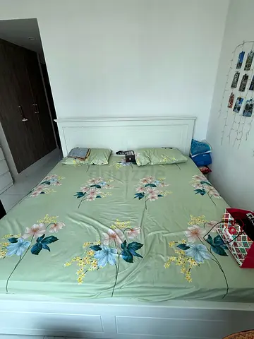 White Wooden Double Bed with Headboard - Good Condition