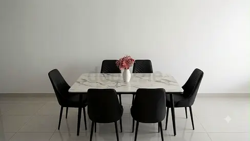 Modern 6-Seater Marble Top Dining Table with Black Chairs