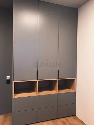 Built-in Matte Grey Wardrobe with Open Oak Shelves - Excellent Condition