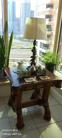 Solid Wood Side Table with Decorative Lamp — Good Condition