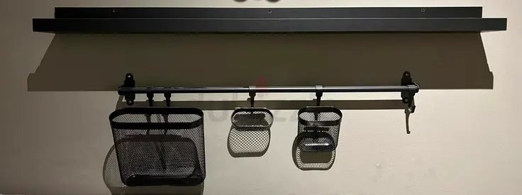 IKEA wall rail with 3 mesh storage baskets and shelf — black, good condition