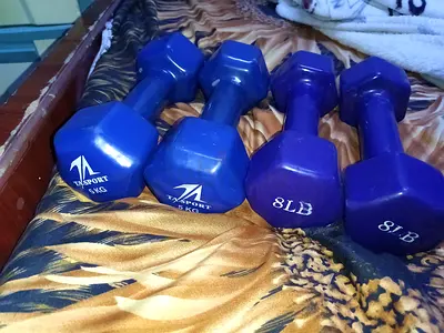 Set of 4 Hex Vinyl Dumbbells (2 x 5kg, 2 x 8lb) - Good Condition