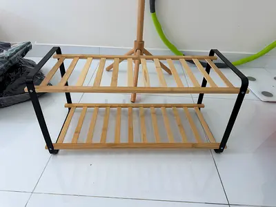 Two-tier wooden shoe rack with metal frame - light oak finish