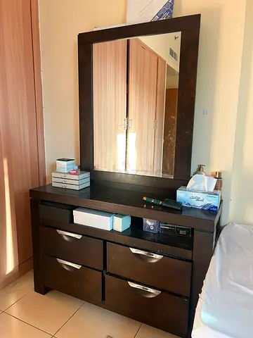 Dark Wood Dresser with Large Mirror - 6 Drawers
