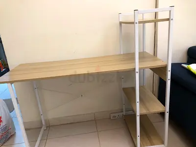 IKEA-style metal frame shelving unit with wooden shelves - good condition