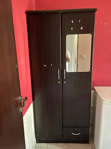 Used dark wood Single bed with wardrobe with mirror - 2-door drawer. With curtains and Rod
