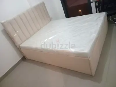 Queen size upholstered bed frame with storage - beige
