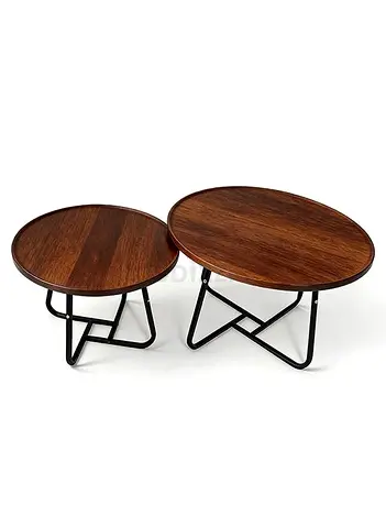Modern Nesting Coffee Table Set with Wood Top and Black Metal Legs
