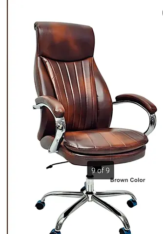 Brown Leather Executive Office Chair with High Back and Chrome Base