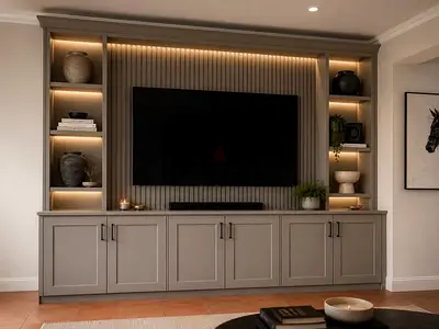 Modern Gray Entertainment Center with Integrated Lighting and Storage