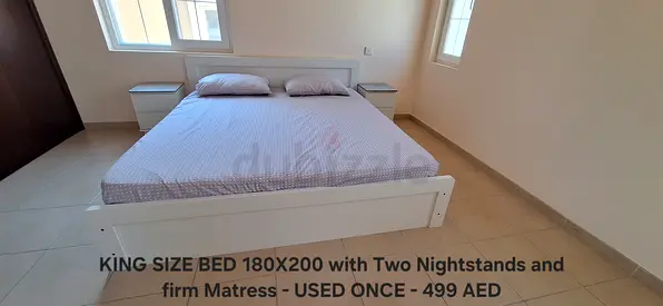 KING SIZE BED 180X200 with Two Nightstands and firm Matress - USED ONCE