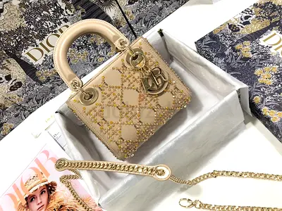 Dior Lady Dior Mini Bag In Metallic Lambskin with Beaded Embroidery