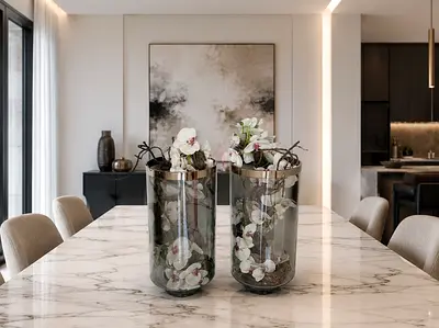 Set of 2 Decorative Glass Vases with Floral Arrangement from Marina Home