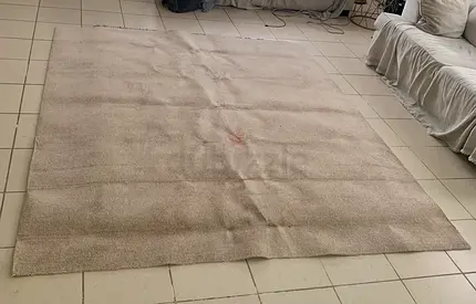 Large beige solid-color area rug - good condition (unedged)