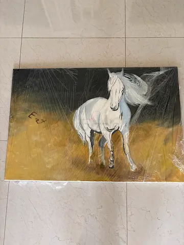 Framed Horse Painting on Canvas — White Horse on Gold  Black Background