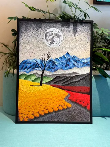 Handmade Mosaic Landscape Artwork with Moon and Mountains (Framed)