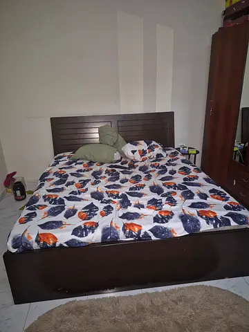 Queen wooden bed frame with mattress - dark brown