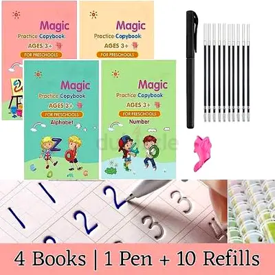 4 Books + 1 Pen + 5 Refills + 1 Pen, Reusable Magic Practice Book with Erasable Stickers