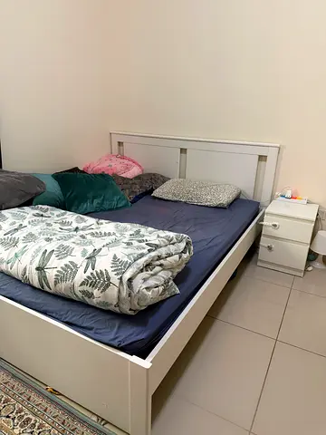 White Wooden Double Bed with Headboard - Good Condition