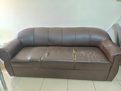 Brown 3-Seater Faux Leather Sofa — Used, Some Wear