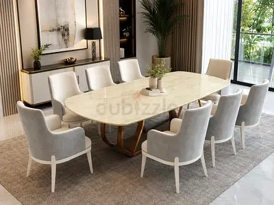 Marble-top Dining Table with 8 Upholstered Chairs