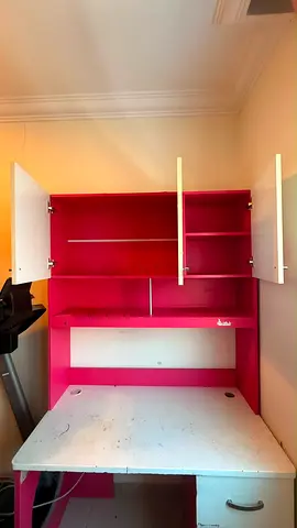 Used Pink White Study Desk with Overhead Cabinets
