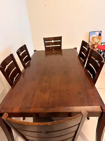 Solid Wood 6-Seater Dining Table with Matching Chairs - Dark Brown