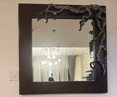 Large Square Wall Mirror with Decorative Metal Vine Frame - Dark Wood