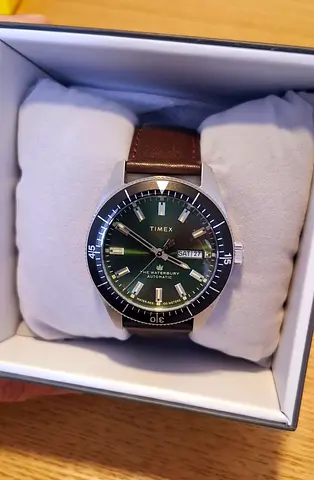 Timex Waterbury Automatic Diver-Style Men’s Watch - Green Dial, Brown Leather