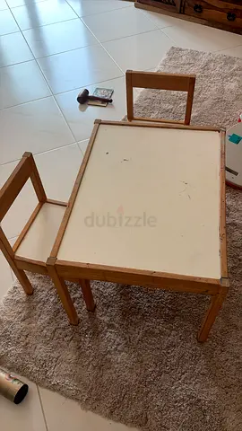 Wooden kids activity table with two small chairs - used