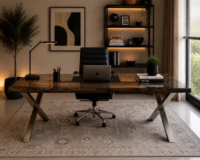 Marina Home Solid Railway Wood Executive Office Desk with Metal X-Legs