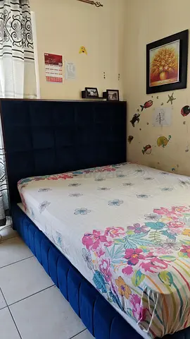 Ikea Queen upholstered bed with tufted headboard - navy blue with storage