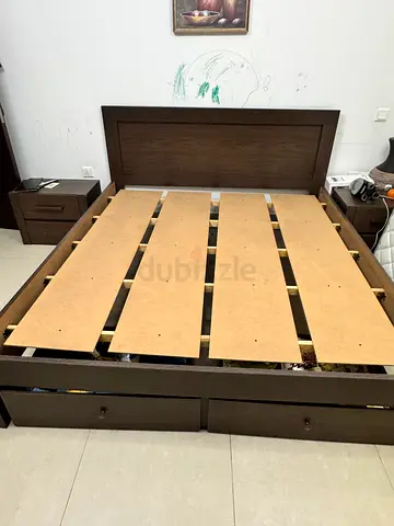 Dark Wood Bed Frame with Storage Drawers and Headboard
