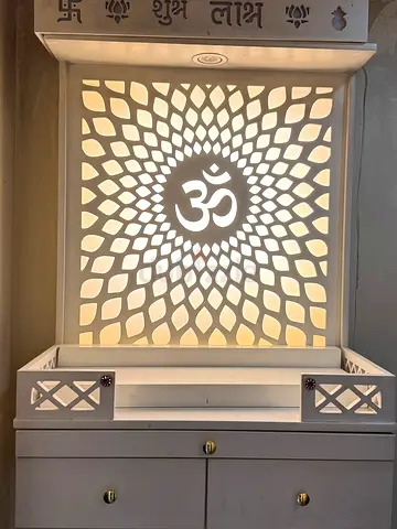 White Wooden Pooja Mandir with Backlit Decorative Panel and Drawers