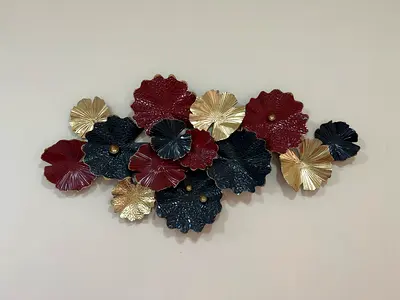 Metal Floral Wall Art Sculpture - Red, Black  Gold Decorative Piece
