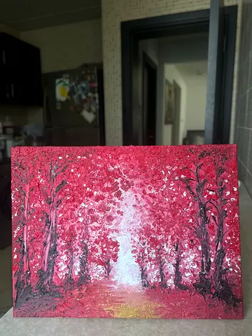 Original Red Forest Acrylic Painting on Canvas Acrylic from Dubai painter