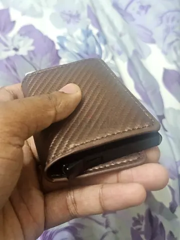 Compact brown leather card wallet - slim money clip style with RFID and card ejector