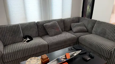 Large L-shaped Corduroy Fabric Sofa - Grey