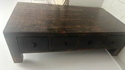 Solid Wood Low Coffee Table with Drawers - Rustic Dark Finish