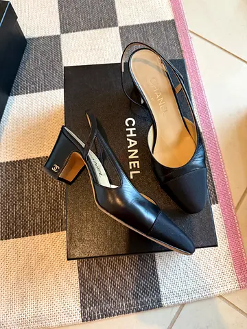 Authentic Chanel Slingback black lambskin leather size 37