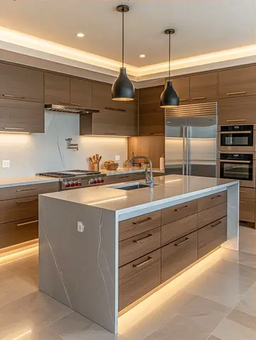 Modern Walnut Kitchen Island with Quartz Countertop and Underlighting
