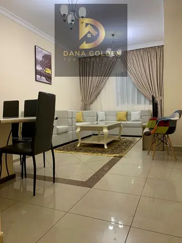 For monthly rent: Three bedrooms, a living room, and three bathrooms, fully furnished with internet, in Sharjah, Al Taawun area.