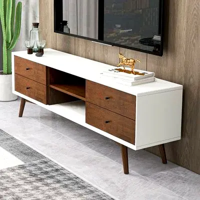 Mid-century Modern TV Console / Media Unit - White  Wood, 4 Drawers