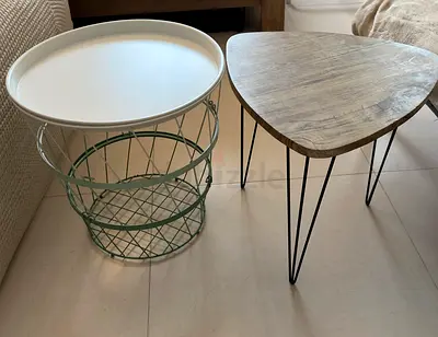 Set of 2 Side Tables — Wire Basket Table + Wooden Hairpin-Leg Table
