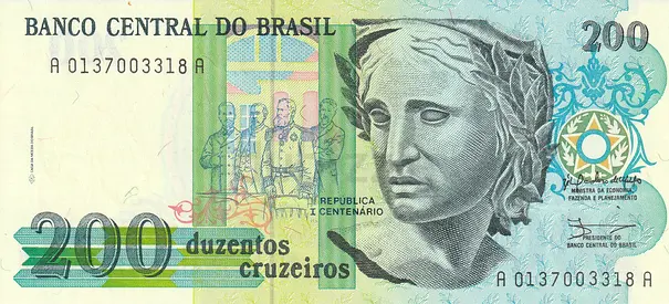 BRAZIL 200 CRUZEIROS BANKNOTE 1990