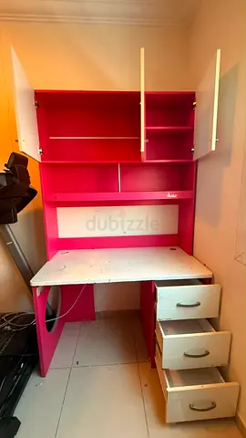 Pink Kids Study Desk with Overhead Cabinets and Drawers